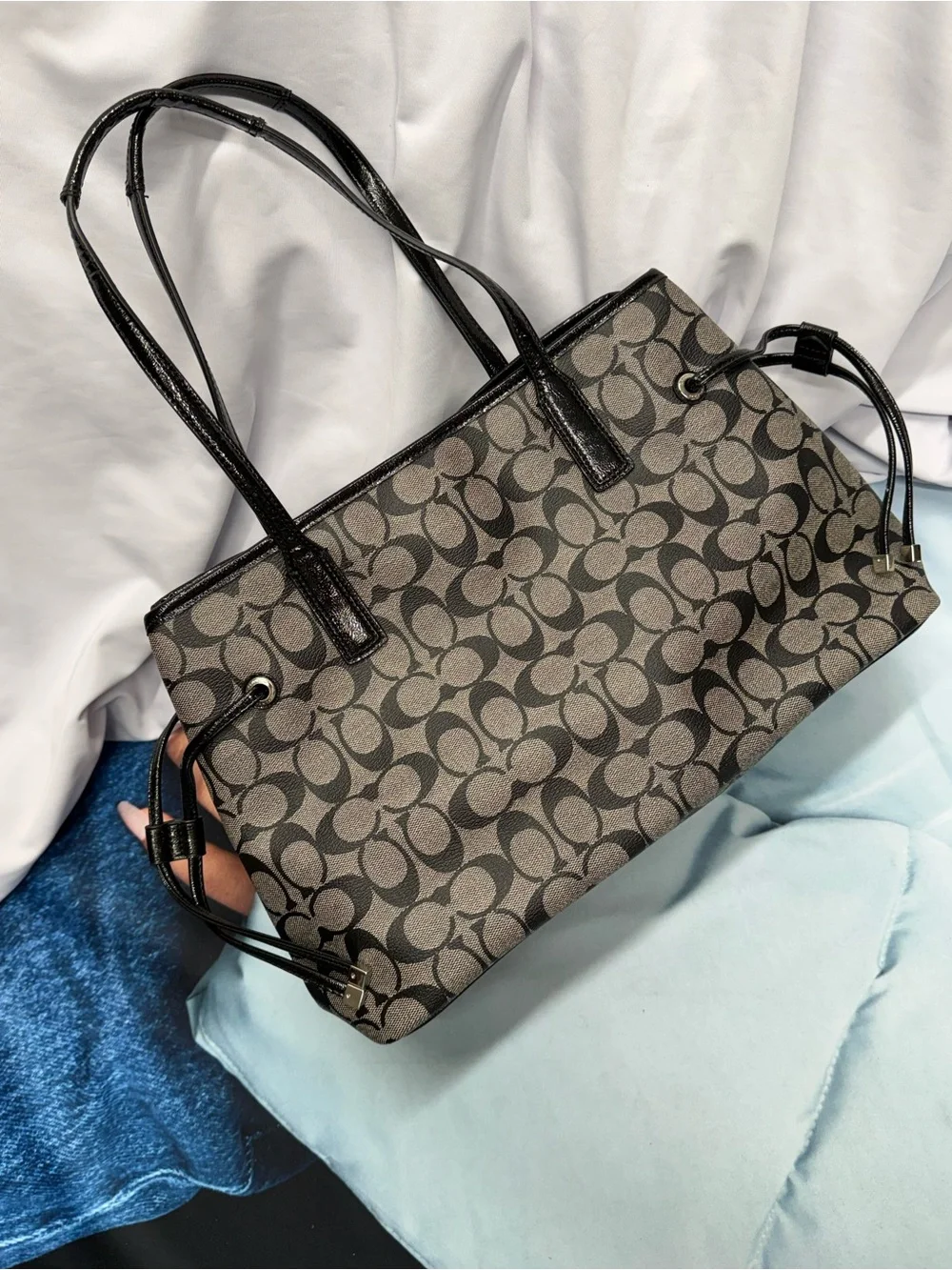 (new+tag) Coach Signature Drawstring Monogram Tote with Black Varsity Stripe
